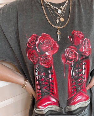 
            
                Load image into Gallery viewer, BOOTS OF ROSES VINTAGE WASH TEE
            
        